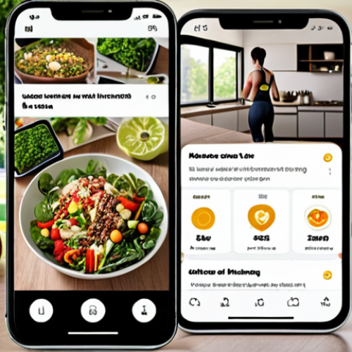 Home 19 **AI-powered personal health assistant app interface on a smartphone, displaying personalized advice for healthy eating and exercise. The background shows a modern, minimalist kitchen and a park with people exercising, illustrating healthy lifestyle choices.**