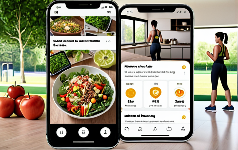 **AI-powered personal health assistant app interface on a smartphone, displaying personalized advice for healthy eating and exercise. The background shows a modern, minimalist kitchen and a park with people exercising, illustrating healthy lifestyle choices.**