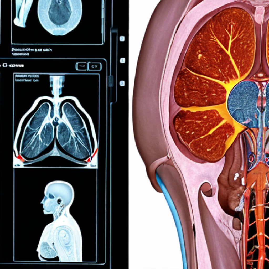 **AI-powered cancer diagnosis:** An image showcasing artificial intelligence analyzing medical scans (e.g., X-rays, MRIs) to detect early signs of cancer. Focus on the technology and precision involved.