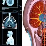 **AI-powered cancer diagnosis:** An image showcasing artificial intelligence analyzing medical scans (e.g., X-rays, MRIs) to detect early signs of cancer. Focus on the technology and precision involved.