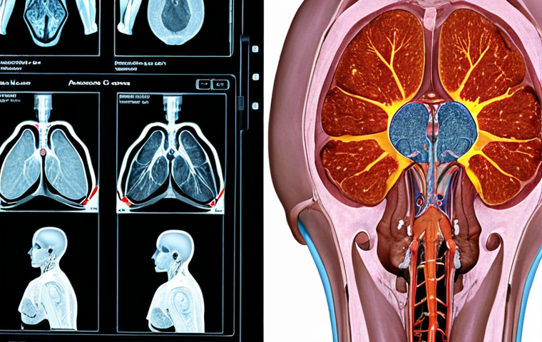 **AI-powered cancer diagnosis:** An image showcasing artificial intelligence analyzing medical scans (e.g., X-rays, MRIs) to detect early signs of cancer. Focus on the technology and precision involved.