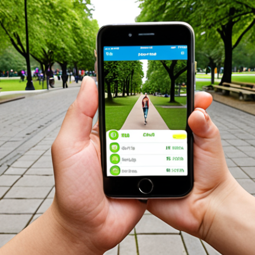 Home 17 **Smartphone as personal health assistant:** A person using a smartphone app to track their steps while walking in a park. The app interface shows data like steps taken, calories burned, and distance covered.