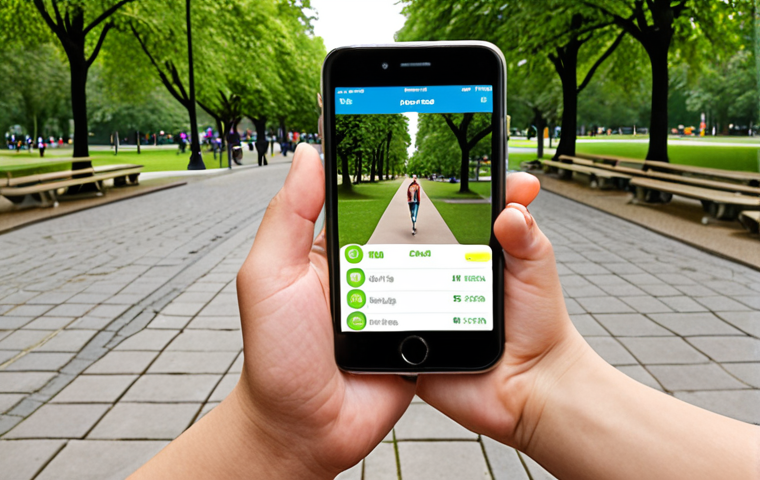 **Smartphone as personal health assistant:** A person using a smartphone app to track their steps while walking in a park. The app interface shows data like steps taken, calories burned, and distance covered.