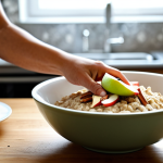 Healthy Morning Oatmeal**

A bowl of steaming oatmeal topped with sliced apples and a sprinkle of cinnamon, presented on a wooden table in a bright, sunny kitchen. Fully clothed person in the background preparing other healthy breakfast foods. Safe for work, appropriate content, fully clothed, modest, family-friendly, professional food photography, perfect anatomy, correct proportions, natural pose, well-formed hands, proper finger count, natural body proportions.

**