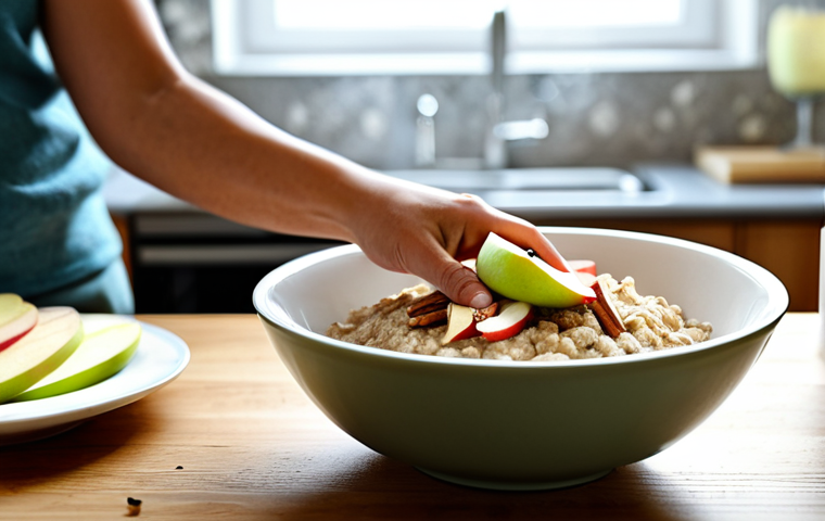 Healthy Morning Oatmeal**
A bowl of steaming oatmeal topped with sliced apples and a sprinkle of cinnamon, presented on a wooden table in a bright, sunny kitchen. Fully clothed person in the background preparing other healthy breakfast foods. Safe for work, appropriate content, fully clothed, modest, family-friendly, professional food photography, perfect anatomy, correct proportions, natural pose, well-formed hands, proper finger count, natural body proportions.
**