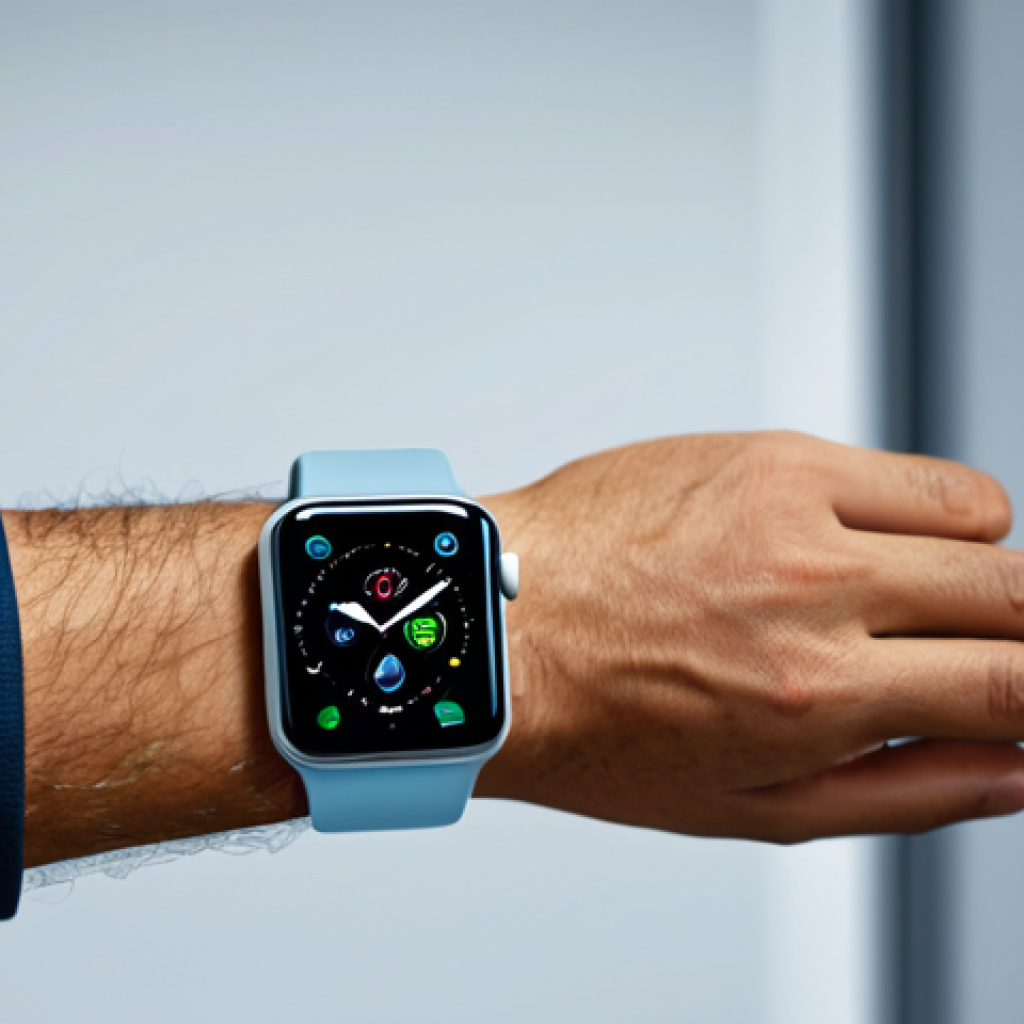 A smart watch displaying health data on a wrist, fully clothed person, safe for work, appropriate content, perfect anatomy, natural proportions, family-friendly, modern design.