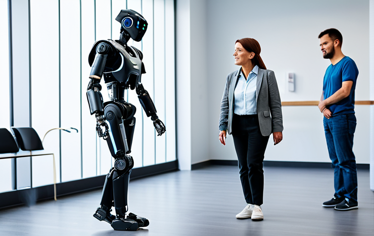 AI를 이용한 재활 치료의 새로운 가능성 - A patient using a robotic exoskeleton to walk, assisted by a therapist in a modern rehabilitation ce...
