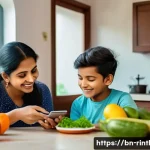 Home 19 AI를 활용한 어린이 비만 예방 - A warm, modern Bengali family scene in a cozy home kitchen, a mother and father attentively using a ...