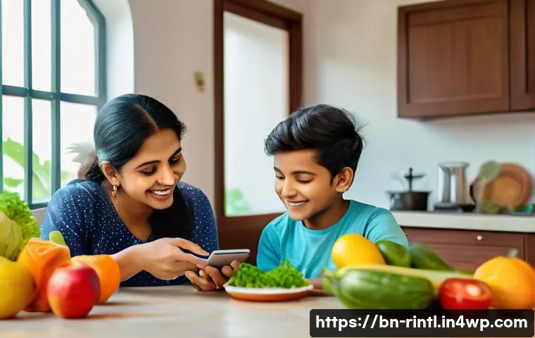 AI를 활용한 어린이 비만 예방 - A warm, modern Bengali family scene in a cozy home kitchen, a mother and father attentively using a ...
