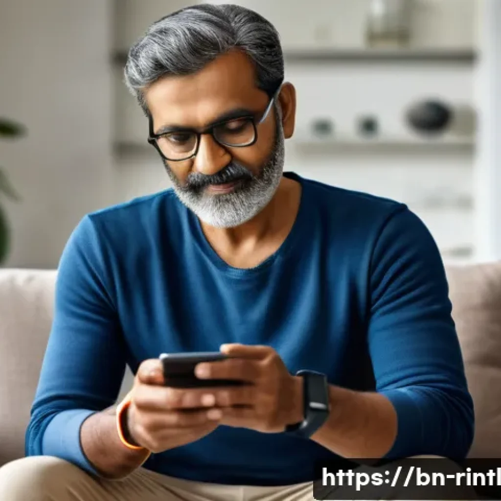 인공지능과 웨어러블 기기의 조화 - A middle-aged Bengali man wearing a modern smart wristband and casual clothing, sitting comfortably ...