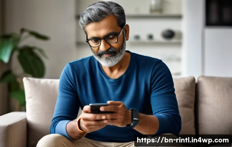 인공지능과 웨어러블 기기의 조화 - A middle-aged Bengali man wearing a modern smart wristband and casual clothing, sitting comfortably ...
